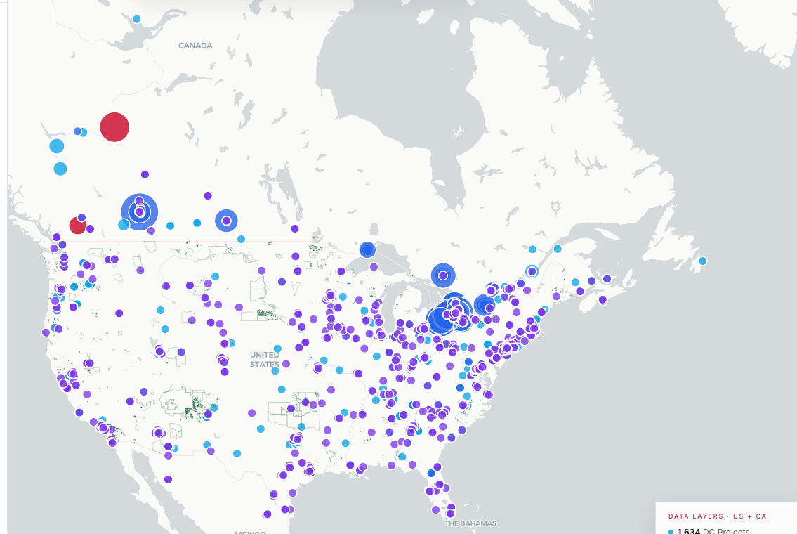 North America connectivity opportunity map with data center, network, and Indigenous land signal layers